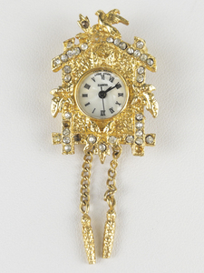 Crystal Accented Gold Tone Base Metal Cuckoo Clock Pendant.. New Battery.