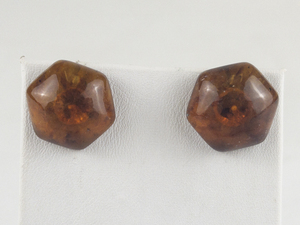 Hexagon Cabochon Baltic Amber Base Metal Pierced Earrings .