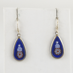 Blue Teardrop Murano Glass Sterling Silver Millefiori French Wire Earrings .