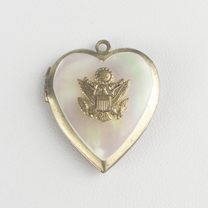 USA Army Sweetheart Mother of pearl gold tone base metal heart locket.