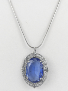 Anavia  Art Deco Style Blue Glass Stone Filigree Silver Tone Base Metal Pendant Necklace .