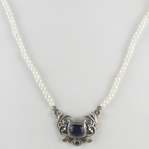 Color Treated Blue Sapphire, Amethyst, Peridot, & Citrine Sterling Silver Freshwater Pearl Necklace.