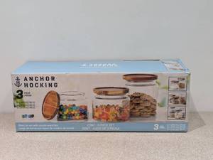 lot 23 image: BRAND NEW ANCHOR HOCKING 3PC. GLASS CONTAINER SET