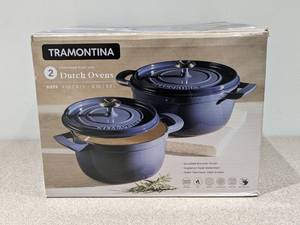 lot 36 image: BRAND NEW TRAMONTINA ENAMELED CAST IRON DUTCH OVENS 2PC SET