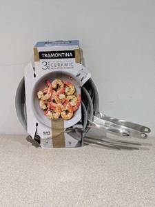 lot 53 image: BRAND NEW TRAMONTINA 3PC. CERAMIC NONSTICK SKILLETS