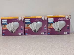 lot 55 image: BRAND NEW THREE BOXES OF PHILIPS DIMMABLE LED 60WATT LIGHT BULBS- 4PACK