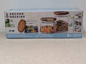 lot 59 image: BRAND NEW ANCHOR & HOCKING 3PC. GLASS JAR SET
