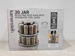 lot 67 image: BRAND NEW 20 JAR KAMENSTEIN REVOLVING SPICE RACK WITH INTEGRATED TOOL CADDY