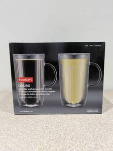 lot 82 image: BRAND NEW BODUM 4 PACK GLASS DOUBLE WALL GLASSES W HANDLE