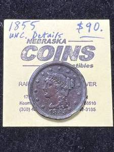 lot 55 image: 1855 US BRAIDED HAIR LARGE CENT UNC DETAILS