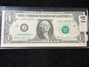 lot 124 image: 1977A US $1 FEDERAL RESERVE NOTE MINT ERROR MISPRINT