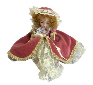 lot 36 image: Beautiful Vintage Porcelain Seated Baby Girl Doll (5 Tall) with Velvet Dress