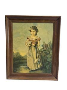 lot 45 image: Vintage Framed Jane Freeman Chums Girl and Kitten Print (19 x 24 Frame)