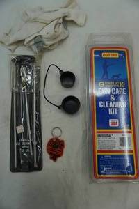 lot 107 image: Rifle and gun cleaning kits and scope caps, cleaning cloths