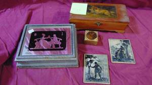 lot 33 image: 3- Jewelry Boxes and Pair of Silhouette Pictures
