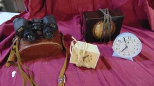 lot 88 image: 3- Clocks and Pair of Binoculars
