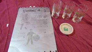 lot 98 image: 3- Nicks Lounge Glasses, Adversting Metal and RingTrinket Tray