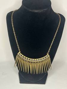 Gold-Tone Necklace with Spike Pendants and Black Gem Accents