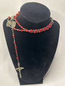 Vintage Red Bead Rosary with Silver-Tone Medals