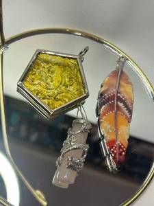 Set of 3 Unique Pendants with Feather and Crystal Detail