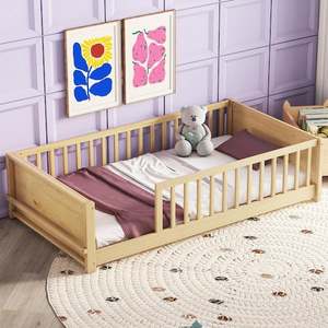 lot 66 image: Natural Wood Frame Twin Size Floor Platform Bed with Book Storage Rack and Guardrails