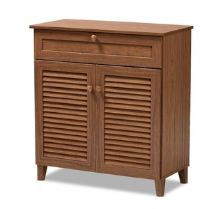 lot 73 image: 33.38 in. H x 30.75 in. W Brown Wood Shoe Storage Cabinet