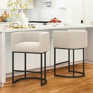 lot 93 image: 26 in.Linen Modern Counter Bar Stool Fabric Upholstered Barrel Counter Stool with Metal Frame --Set of 2