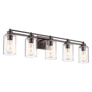 lot 101 image: Farmhouse 37.4 in. 5-Light Oil Rubbed Bronze Bathroom Vanity Light with Clear Glass Shades
