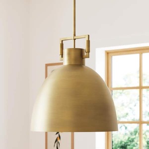lot 107 image: Nathan James Leigh 1-Light Antiqued Brass Shaded Pendant Light with and Hanging Ceiling Metal Shade Adjustable Cord, for Kitchen