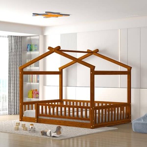 lot 118 image: Harper & Bright Designs Walnut Full Size Wood House Bed with Fence Guardrails