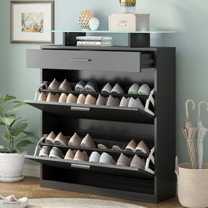 lot 122 image: 41 in. H x 35 in. Black Tempered Glass Top Shoe Storage Cabinet with LED Light Entryway Organizer with 2-Flip Drawers