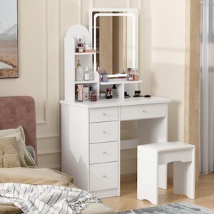 lot 128 image: FUFU&GAGA 5-Drawers White Makeup Vanity Sets Dressing Table Sets With Stool, Mirror, LED Light and 3-Tier Storage Shelves
