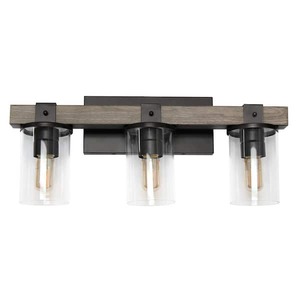 lot 139 image: 3-Light Gray Industrial Rustic Lantern Restored Wood Look Bath Vanity Light