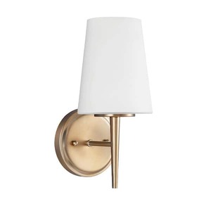 lot 140 image: Set of 2-- Driscoll 5 in. 1-Light Contemporary Modern Satin Brass Wall Sconce Bathroom Vanity Light with Etched White Glass
