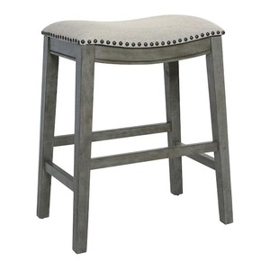 lot 151 image: OSP Home Furnishings Saddle Stool 24 in. Grey Fabric and Antique Grey Base and Antique Bronze Nailheads (Set of 4)