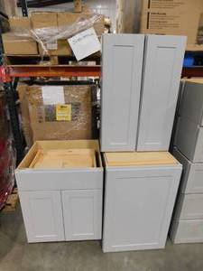 lot 200 image: lot of five assorted sizes of Hampton Bay Shaker Cabinet in Dove Gray with Ball-Bearing Drawer Glides