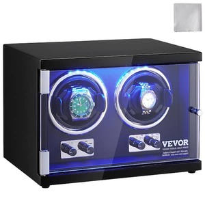 lot 169 image: VEVOR Dual Watch Winder with 2-Super Quiet Mabuchi Motors, Blue LED Light and Adapter, High-Density Board Shell and Black PU