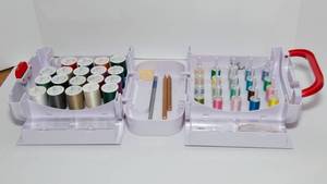 lot 68 image: Singer Thread Box with Thread and Miscellaneous Sewing Items