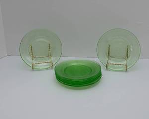 lot 8A image: Seven Uranium Glass Dessert Plates - Federal Glass Georgian Lovebirds
