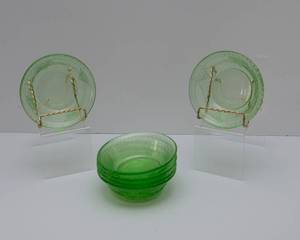 lot 108 image: Six Uranium Glass Coupe Soup Bowls - Federal Glass Georgian Lovebirds