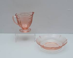 lot 109 image: Anchor Hocking Mayfair Open Rose Pink Depression Glass Footed Creamer and Macbeth-Evans American Sweatheart Pink Depression Glass Bowl