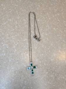 lot 405 image: New Green Alloy Cross Pendant Necklace Rhinestone Inlay Silvery P