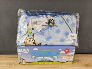 lot 65 image: Brand New Bluey Sweatshirt Kids Size 5 and Bluey Fill N Fun Pool N