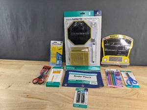 lot 108D image: Brand New School Supplies includes Papermate Pencils, Pencil Pouch, First-Day School Bus Chalkboard Sign N