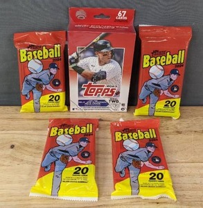 lot 21 image: 4 Brand New 2024 Topps Heritage MLB Baseball Cards Fat Packs and 2023 Topps Series Two MLB Baseball Hanger Box N