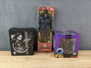 lot 66D image: 3 Brand New Collectible Figurines - DC Comics The Flash Dark Flash, Alita Battle Angel Motorball, Marvel Jessica Jones N