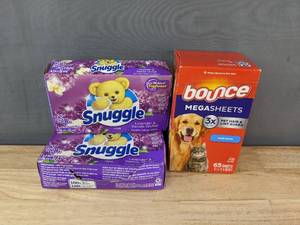 lot 69 image: New Bounce Mega Sheets Fresh Scent Dryer Sheets and 2 New Snuggle Lavender and Vanilla Orchid Scent Dryer Sheets N