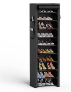 lot 97D image: New VTRIN Vertical Narrow Shoe Rack Organizer Tall Shoe Rack for Closet Entryway 10 Tier Non-Woven Cover Shoe Shelf Holds 20-22 Pairs Free Standing Shoe Storage Cabinet with Dustproof Cover Black B