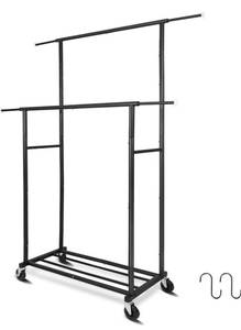 lot 149 image: Brand New Fishat Portable Black Double Rods Garment Rack with Rolling Clothes Organizer B