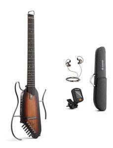 lot 23 image: Brand New Donner HUSH I Guitar For Travel - Portable Ultra-Light and Quiet Performance Headless Acoustic-Electric Guitar, Mahogany Body with Removable Frames, Gig Bag, and Accessories Natural $249.99 Retail B